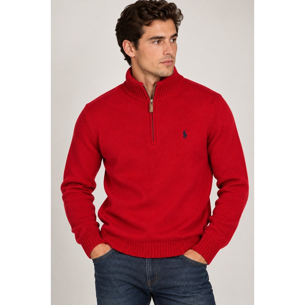 Polo Ralph Lauren Red 100% Cotton Quarter Zip Sweater XXL Navy Pony Logo